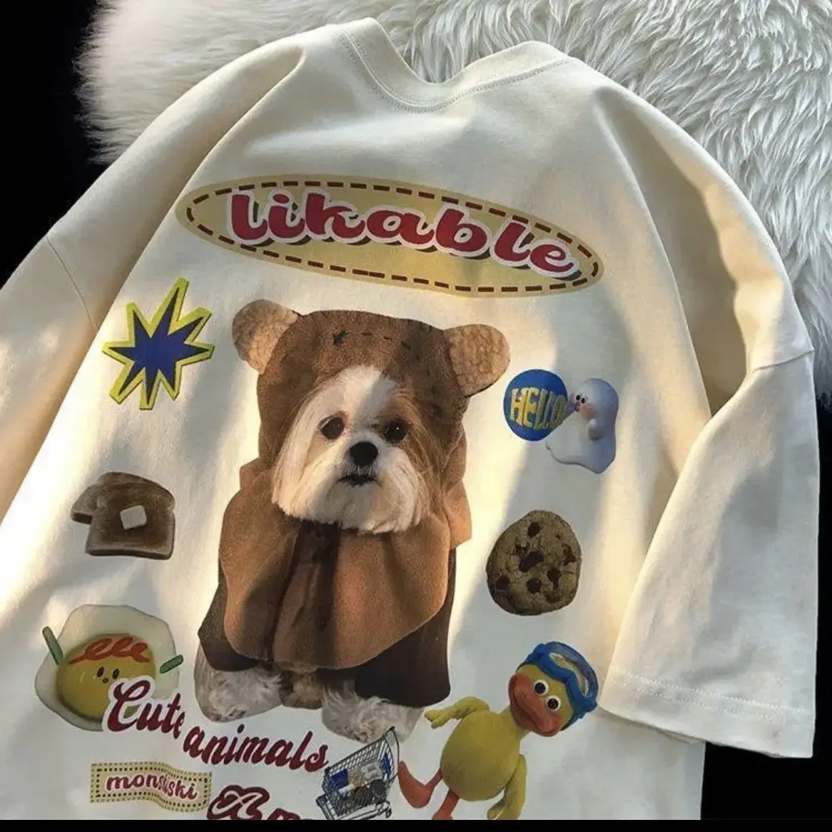 

Fashion American creative puppy print t-shirt short sleeved men and women oversize summer loose casual round neck top for lovers