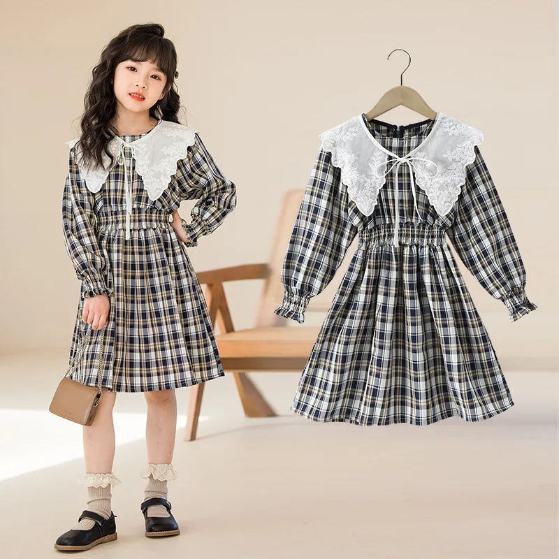 

Girls' dress Spring 2023 new Korean fashion casual women's plaid large reverse neck dress