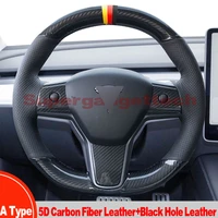 interior diy 5d carbon fiberblack perforated leather steering wheel hand sewing wrap cover fit for tesla model 3 17 21 model y
