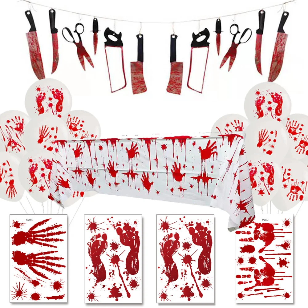 

Halloween Horror Balloon Set Bloody Handprint Tablecloth Hanging Knife Banner Pull Flag Haunted House Decoration Horror Props