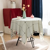plaid decorative tablecloth tassel cotton hemp round tablecloth furniture cover household dust cover non fading home textile