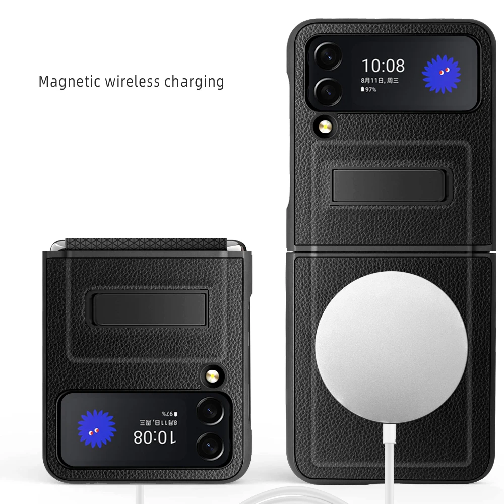 

Hinge With Glass Film Full Protect Leather Cover For Samsung Galaxy Z Flip 5 4 3 Kickstand Case For Magsafe Wireless Charging