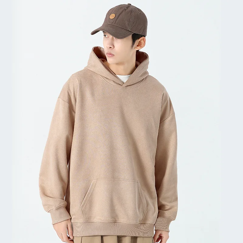 

Japanese Style Men Retro Suede Hoodies Punk Style Solid Color Casual Sweatshirts Harajuku Loose Hooded Pullovers Male Clothing