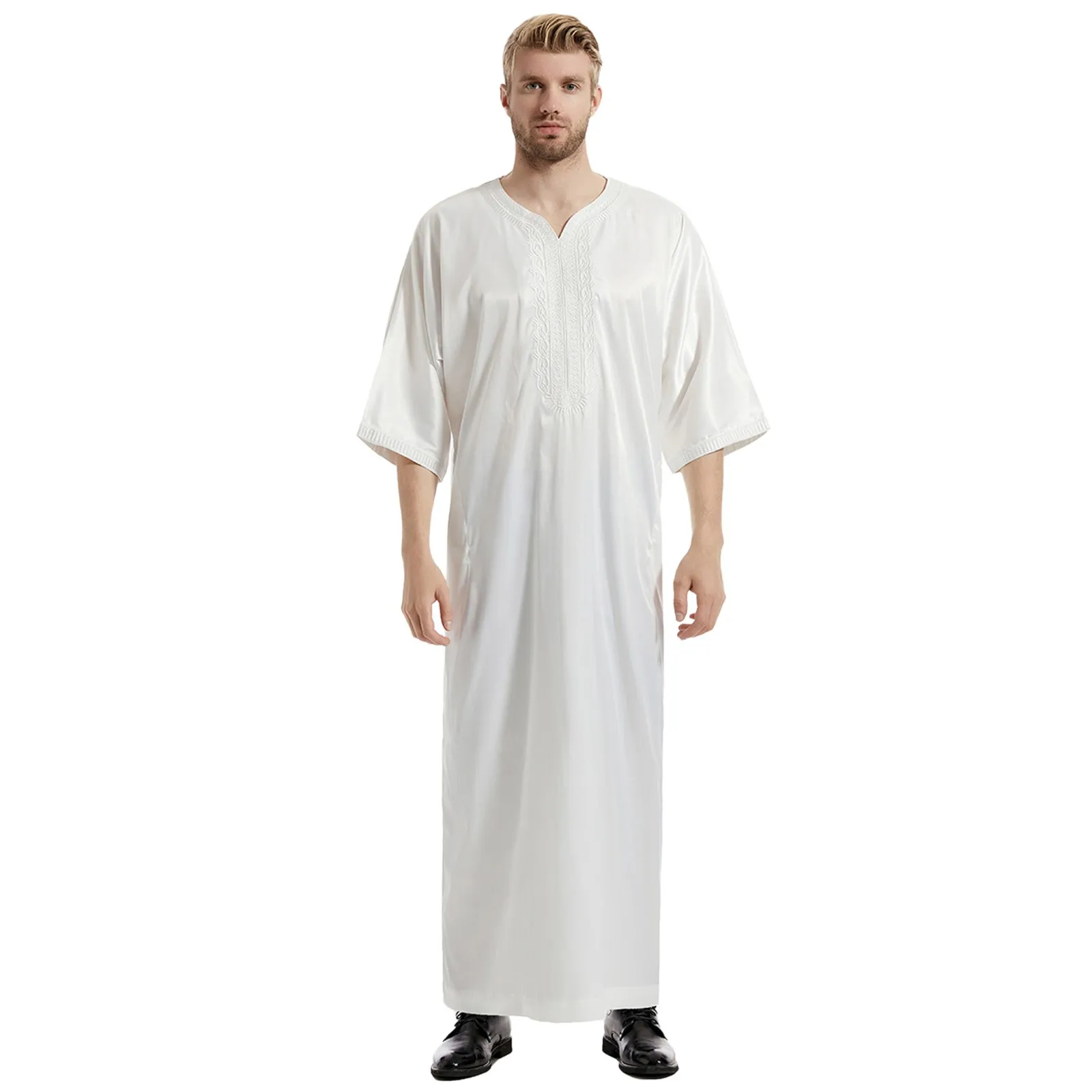 Men's Casual Muslim Arab Middle Satin Embroidered Robe With Mid Sleeve Holiday Vintage Print
