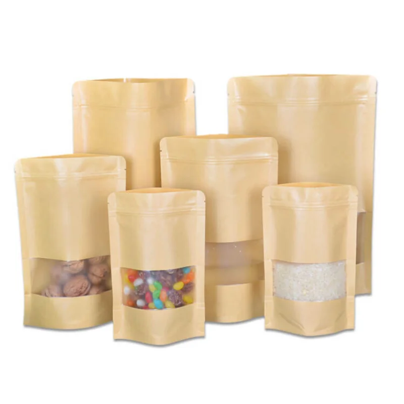 

50/100pcs kraft zipper window stand up bag biscuit candy dry food tea bag seed seal bag