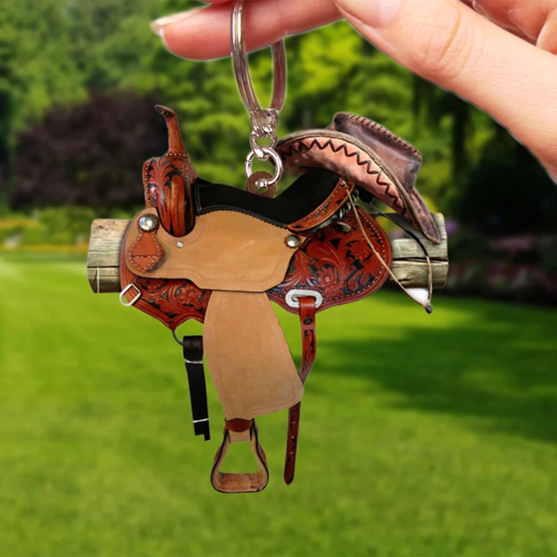 

Creative Acrylic Horse Saddle Keyring Men Women Vintage Car Keychain Bag Backpack Ornament Pendant Key Chain Ring Cowboys Gifts