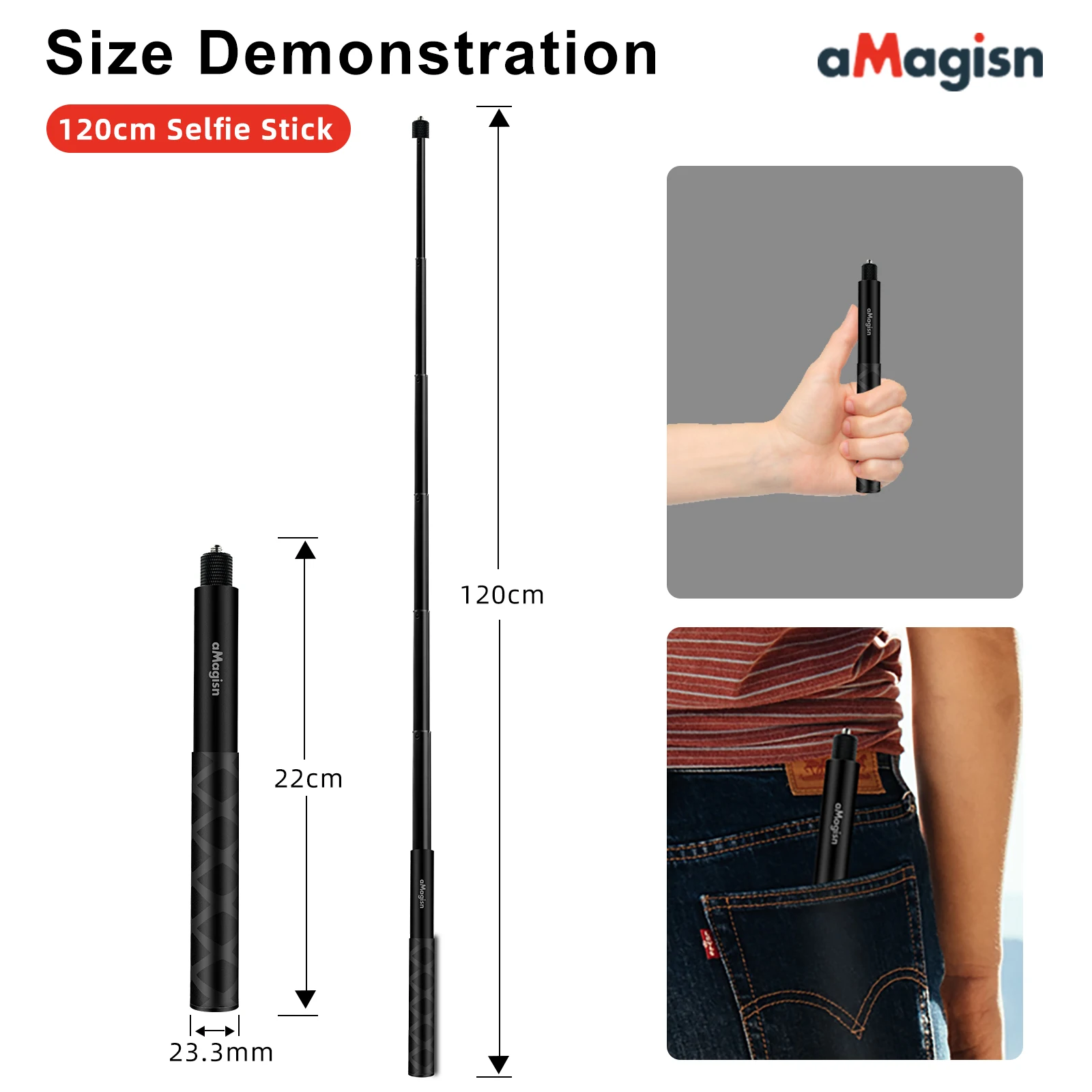 Фото aMagisn 1/4'' Selfie Stick  Шаровая головка / алюминий / углеродное волокно  Выдвижной телескопический шест  для Gopro DJI Insta360 X4 X3 Ace Pro 2 №4