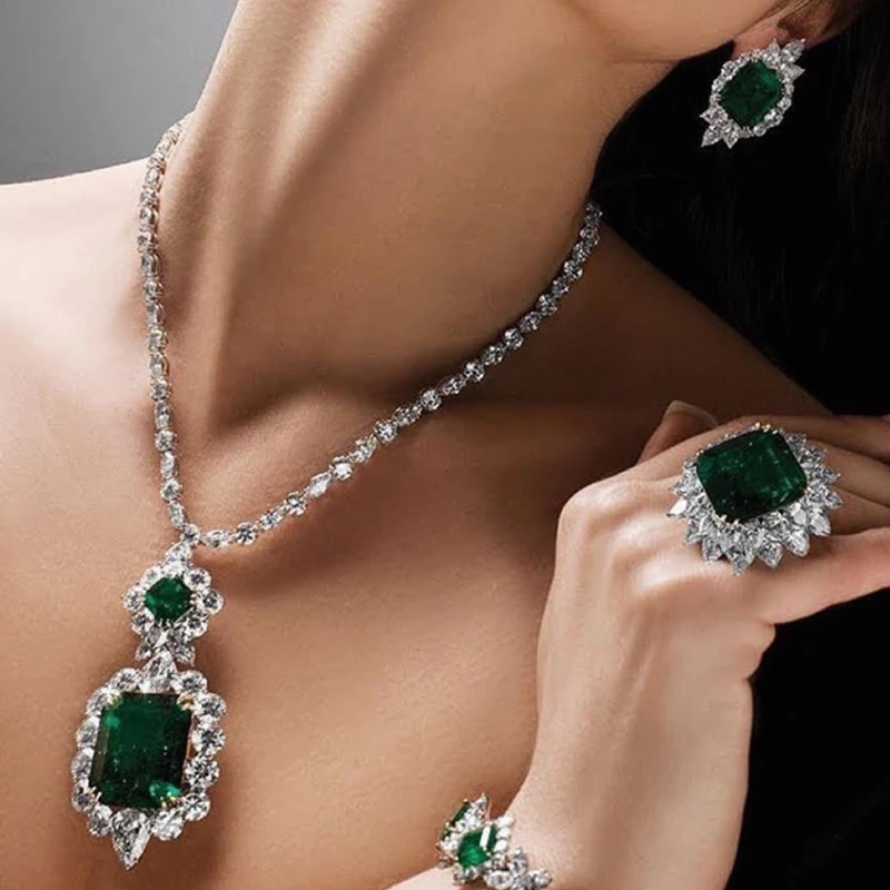 

Shiny White Gold Color Green CZ Stone Women Luxury Wedding Necklace and Earrings Jewelry Set for Brides