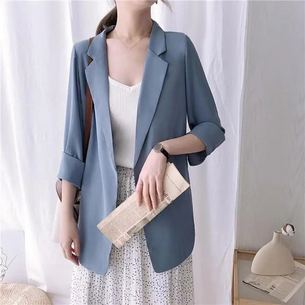 

Women Blazer OL Style Open Stitch Business Blazer Formal Solid Color Long Sleeves Mid Length Lapel Coat
