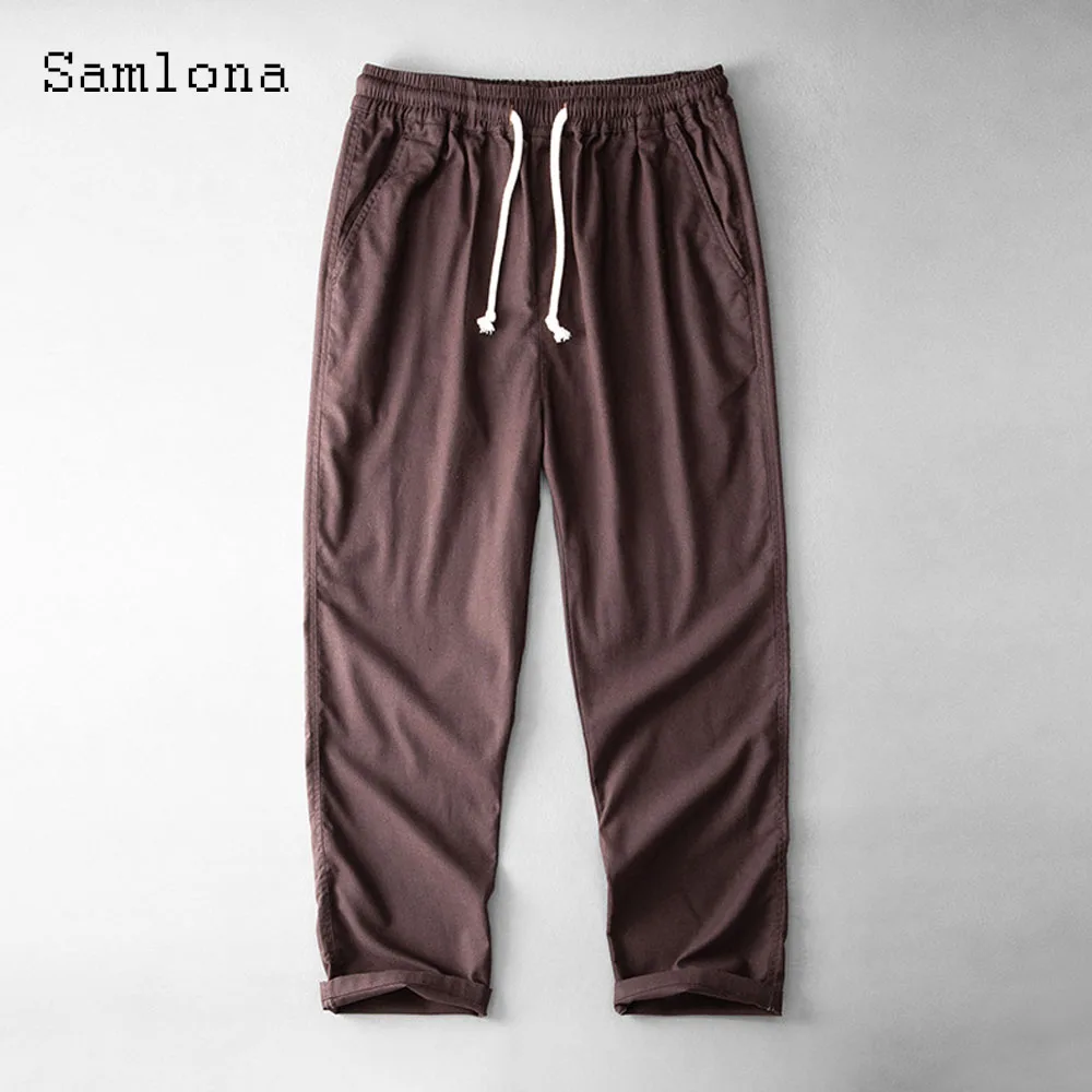 Брюки мужские льняные однотонные с поясом на резинке и карманами