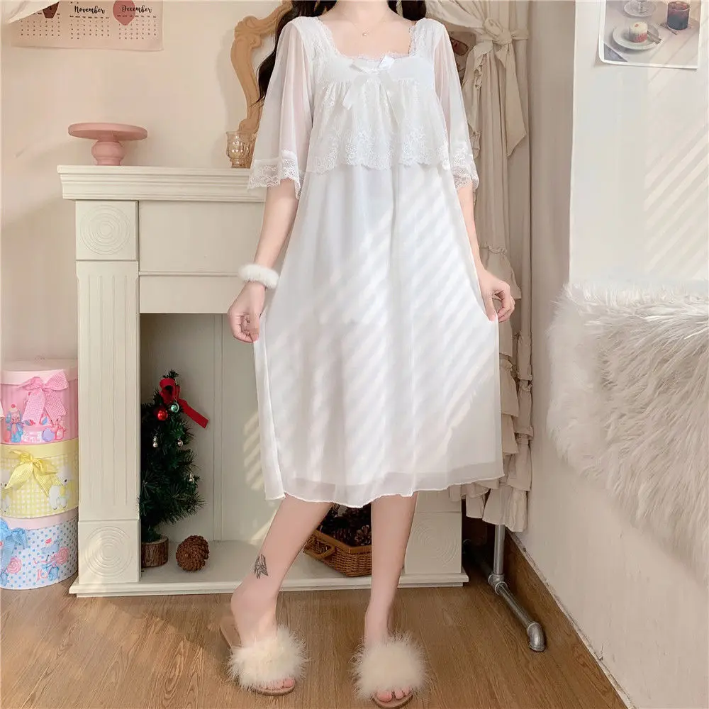 

Nightgowns Women Pure Color Elegant Popular Vintage Mid-calf Nightdress Lace Girlish Square Collar Sleepwear Cozy Homewear Ins