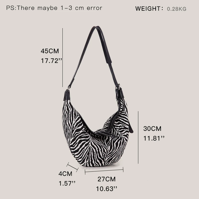 Zebra Pattern Crossbody Bags Women Zipper Large Capacity Canvas Half Moon Bag Chest Bag Fashion Purses