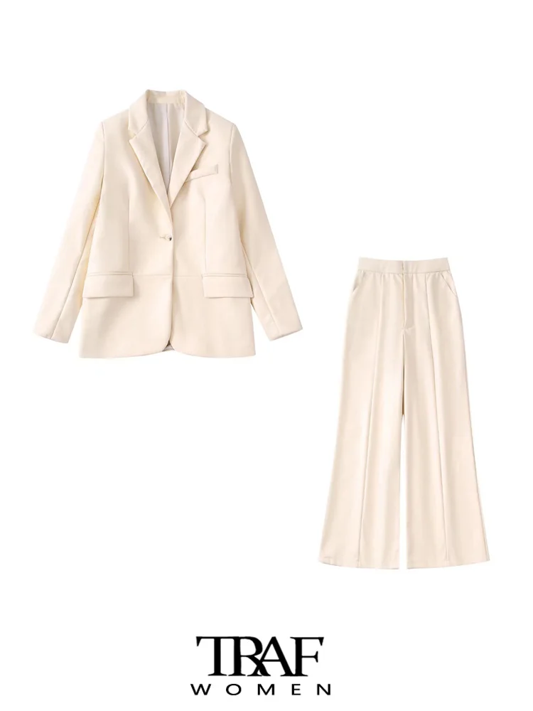 

TRAF Women Fashion Faux Leather Front Button Blazer Coat And High Waist Zipper Fly PU Pants Female Two Piece Sets Mujer