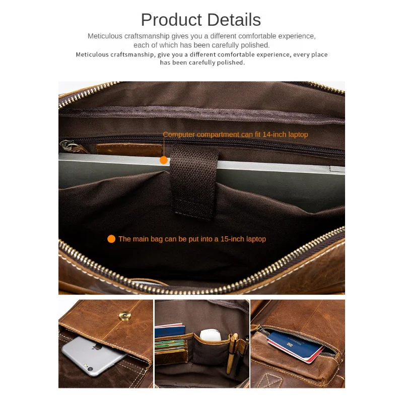 Business Computer Briefcases for Laptop 14'' Men's Bag Genuine Leather Document Bags A4 Men Briefcase Leather Bags