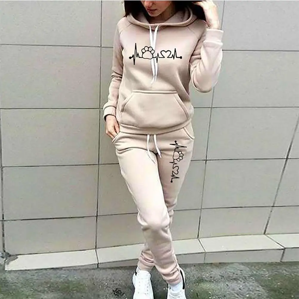 

2Pcs/Set Trendy Casual Tracksuit Drawstring 3D Cutting Top Trousers Set Women Heartbeat Print Hoodie Jogging Pants Suit
