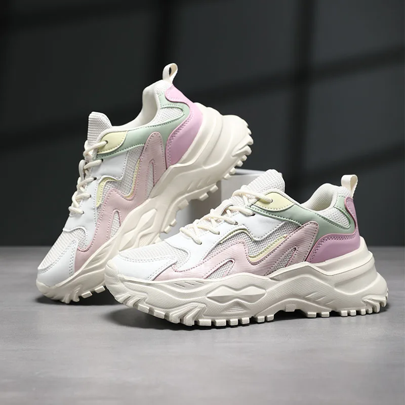2022 New Women Clunky Sneaker Breathable Lace Up Walking Shoes Couple Platform Non-slip Durable Outdoor Sports Casual Footwear