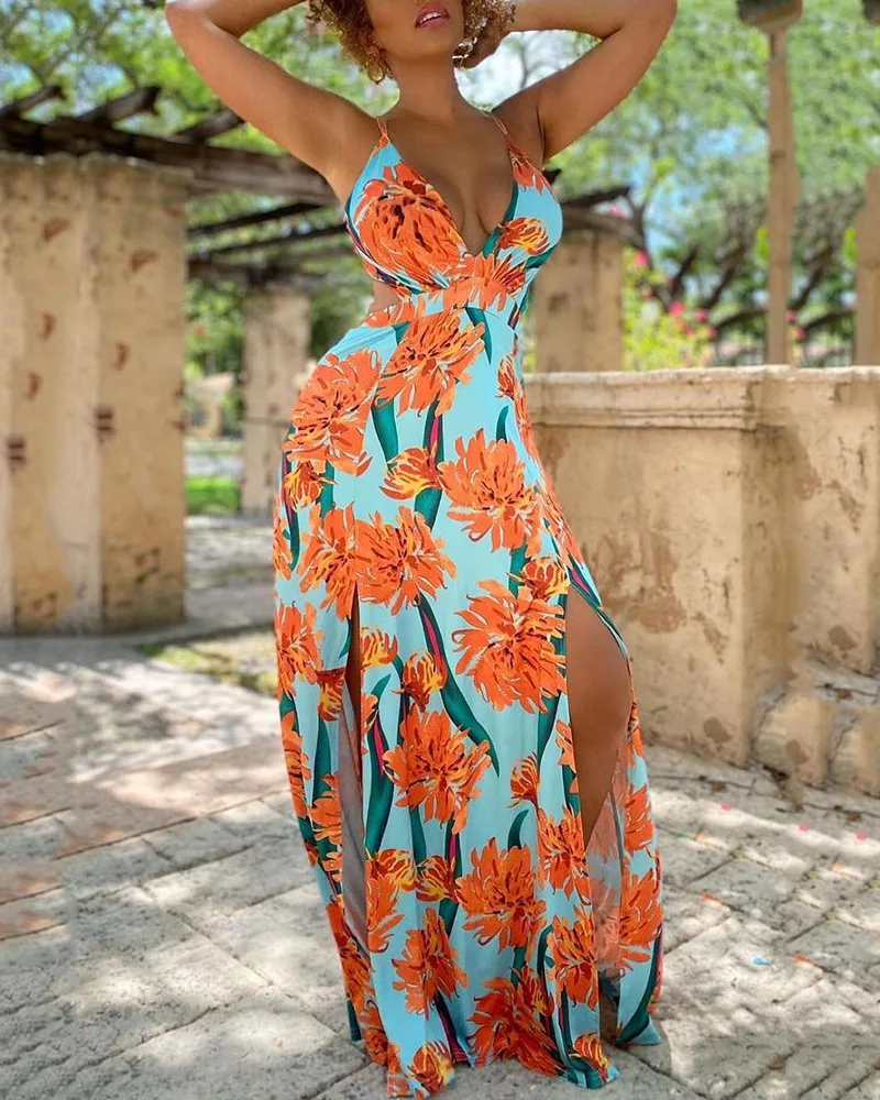 

Women Long Loose Dress Sleeveless V Neck Cutout Crisscross Floral Print Slit Maxi Dress High Waist Party Evening Summer