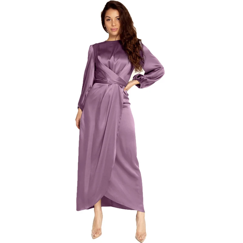 

Women Long Dress Long Sleeve High Waist Lace Up Maxi Dresses Solid Color Elegant Satin Dress Botique Clothes Spring Autumn 2022
