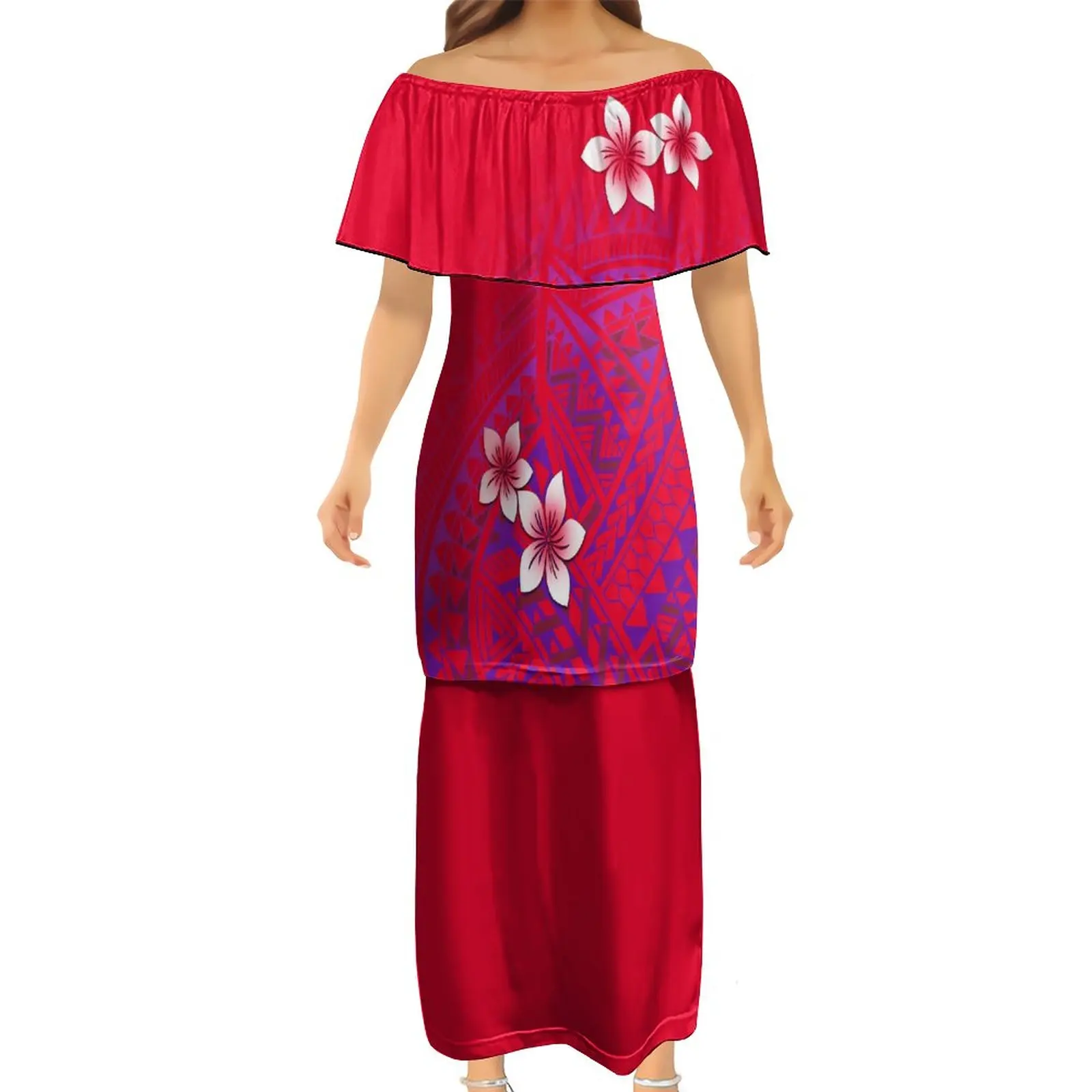 

Fashion Women Bodycon Dresses Samoan Off Shoulder Ruffle Puletasi Polynesian Traditional Tribal Design Dress Couples Dress