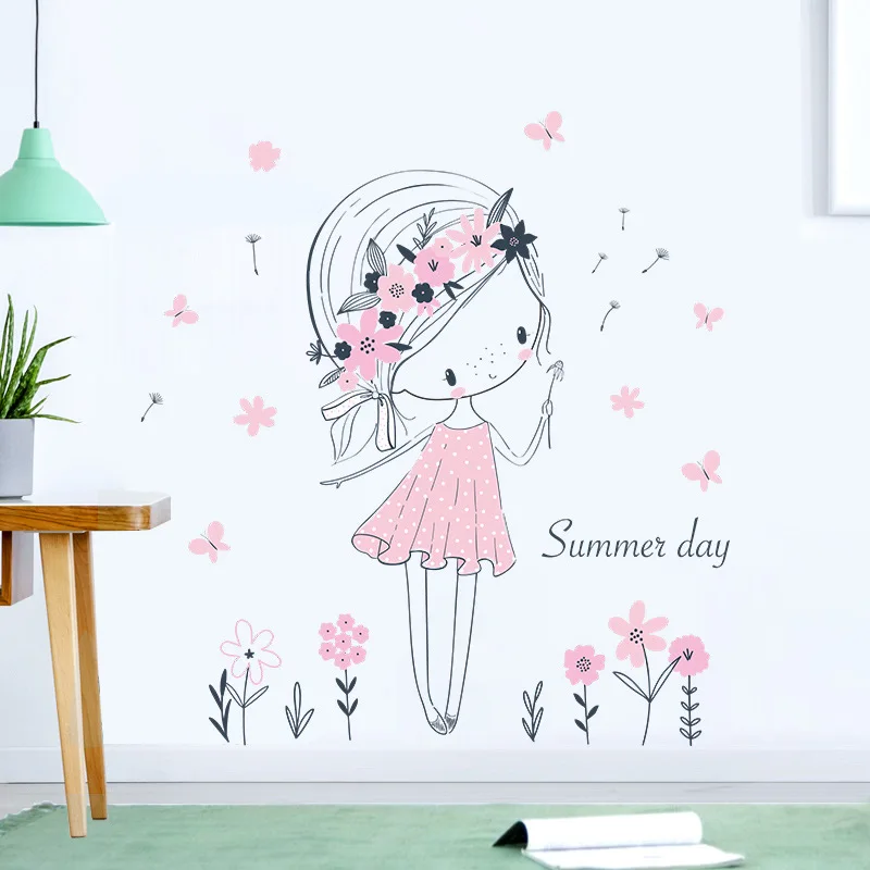 

Cartoon Summer Girl Flowers and Grass Bedroom Living Room Wall Beautification Decorative Wall Stickers Home Decor Wallpaper