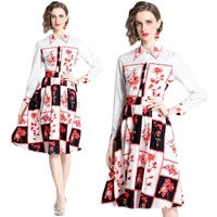2022 spring and summer new womens wear high end temperament lapel long sleeve printed a line skirt big swing fashion dress