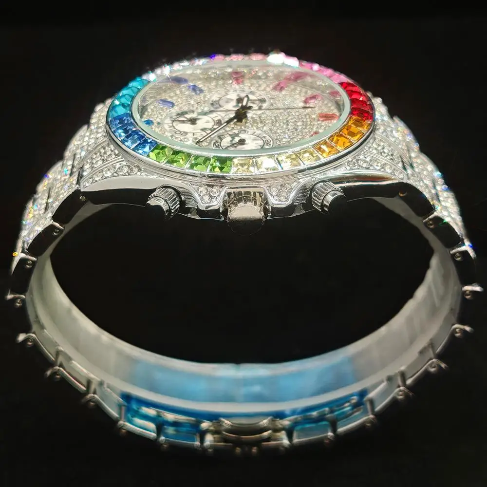 Фото Модные часы со льдом, мужские брендовые часы UNIGUET, роскошные кварцевые наручные часы из нержавеющей стали в стиле хип-хоп с радужными бриллиантами, мужской подарок, дропшиппинг №4