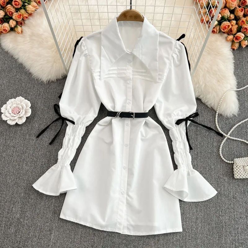 

Mid Length Bow Flare Sleeve Point Collar Shirt Dress Spring 2022 Retro Loose Long Sleeve A-Line Dress