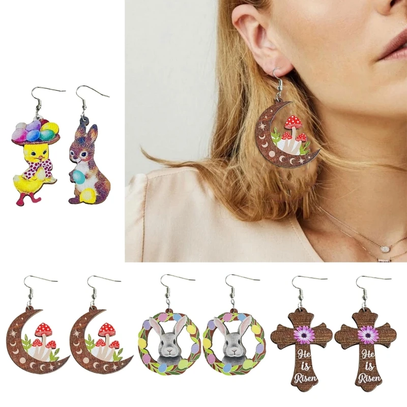 

2023 Easter Moon Mushroom Earrings for Women Fashion Wood Rabbit Duck Print Drop Dangle Earring Party Gift Jewelry