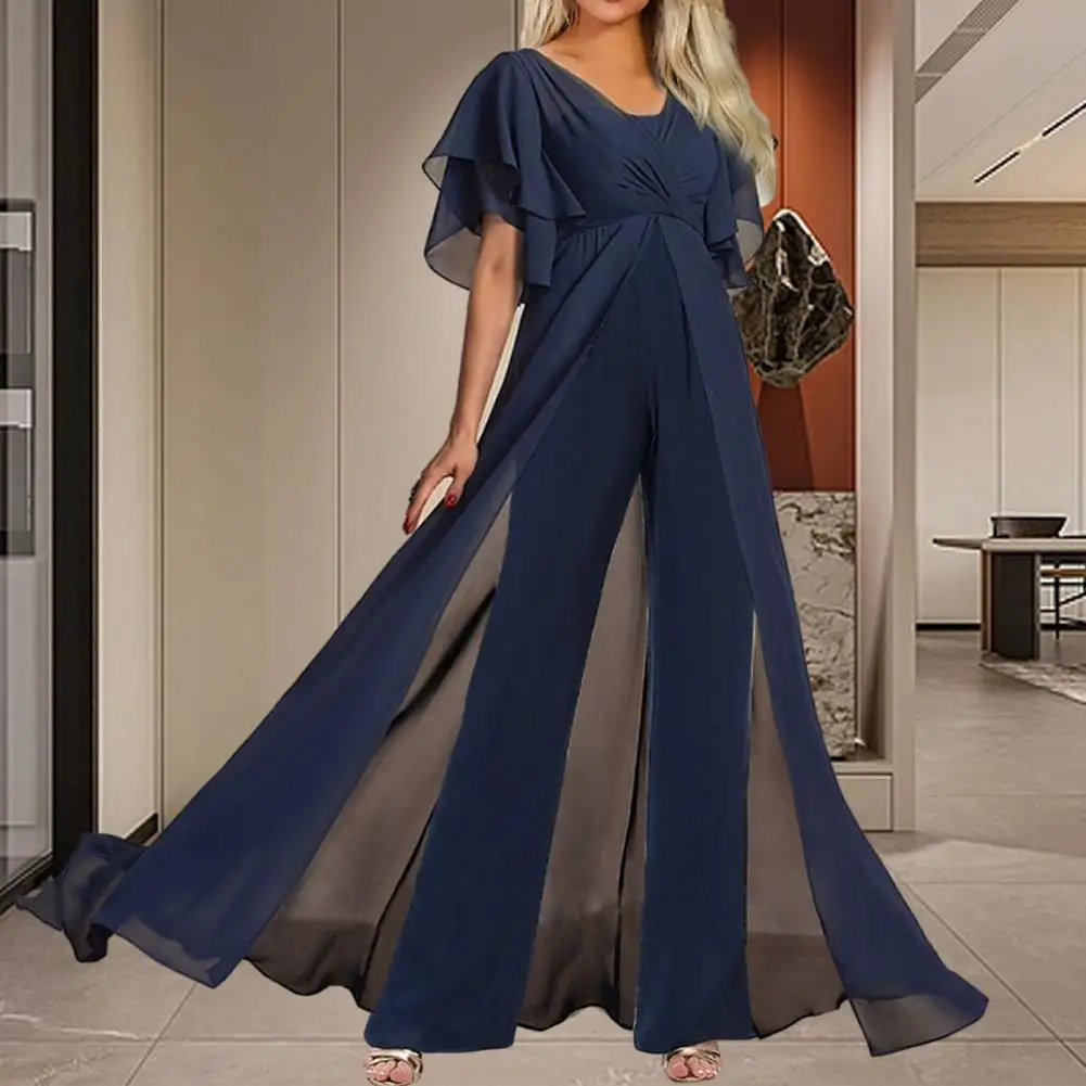 

Women Jumpsuit Short Sleeve Split Dress Hem Lady Jumpsuit Wide Leg Ruffle High Waist Back Zipper Lady Party Prom Jumpsuit