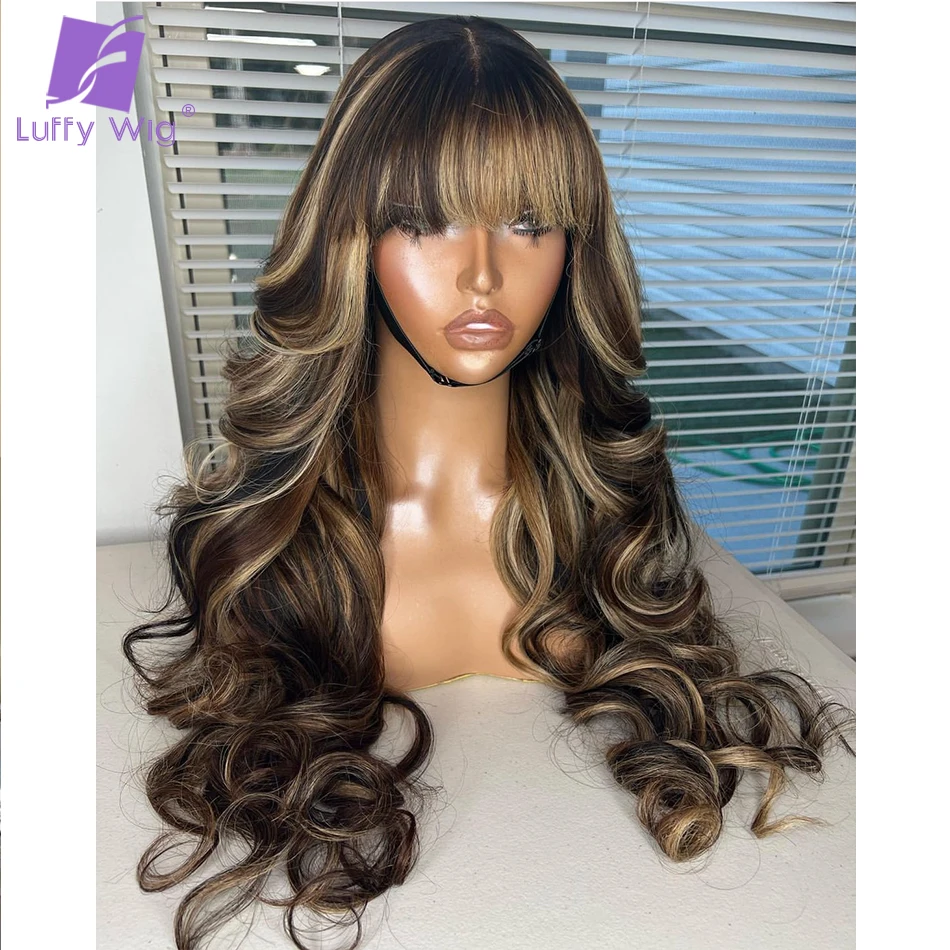 Highlight Blond Brown Colored Body Wave Wig With Bangs Human Hair Full Machine Made Wig Ombre Blond Loose Wave Long Hair Luffy