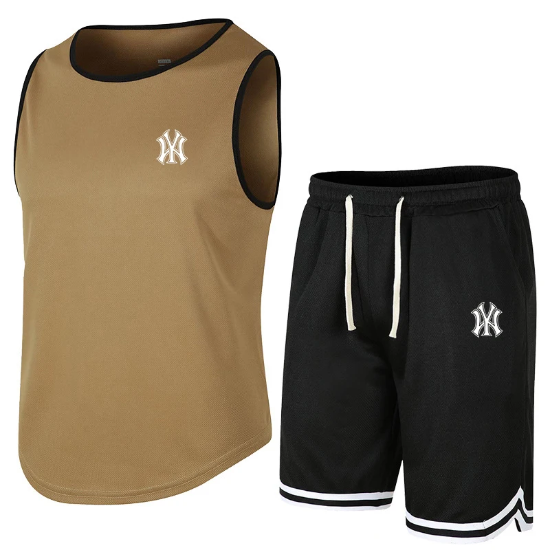 2023 Summer Men's Crewneck Vest And Shorts Set Mesh Ventilation Brand Fitness Sports Clothes Game Training Basketball Clothes