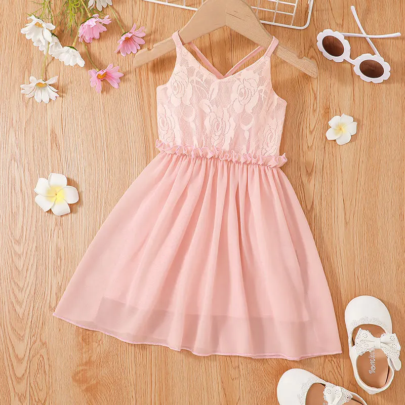 

Summer 2022 New Arrivals Girls Strap Embroidery Floral Pink Mesh Designer Roupa Infantil Menina Cute Party Dress Custume 18M-6T