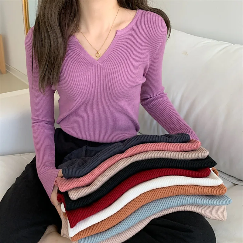 

Solid Color V-neck Knitted Bottoming Shirt Women's 2022 Autumn and Winter Basic Sweater Can Be Worn as a Slim Top