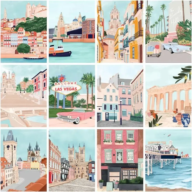 

CHENISTORY Picture By Number Cartoon City Landscape Kits Diy Painting By Numbers Street Scenery Drawing On Canvas Home Decor Art