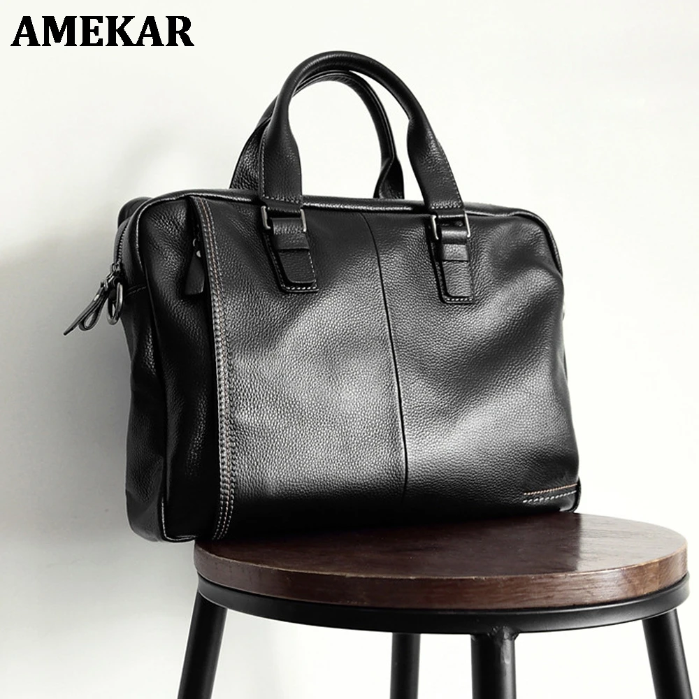 

Men 's Genuine Leather Shoulder Business Bag Large Capacity Black Natural Cow Leather Briefcase Fashion New