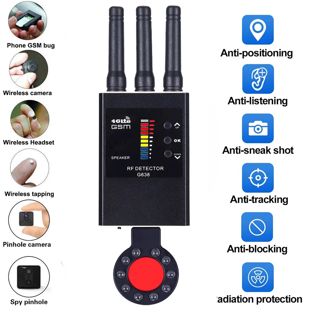 

Anti Spy Wireless RF Signal Detector Bug GSM GPS Tracker Hidden IR Camera Eavesdropping Device Military Professional Version