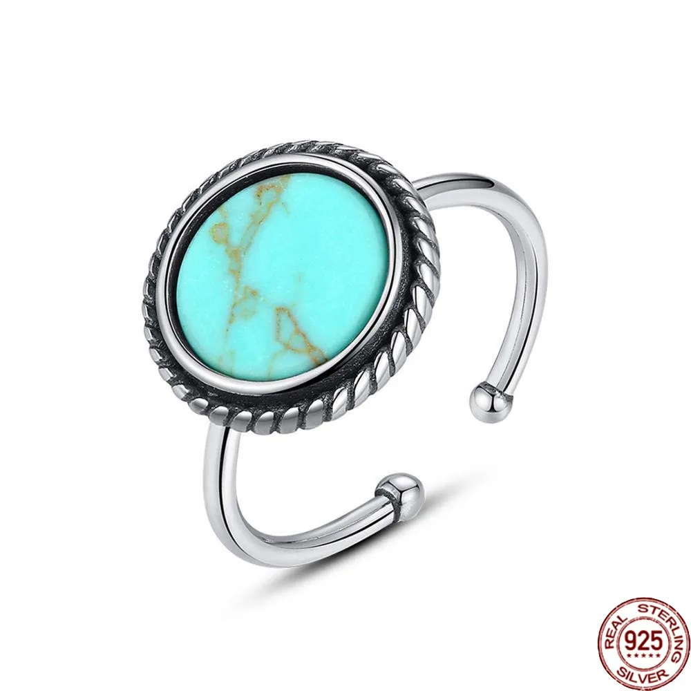 

BABIQU Retro Genuine 925 Sterling Silver Open Rings for Women Anniversary Fine Jewelry Round Turquoise Bague Femme Gifts Sr0350