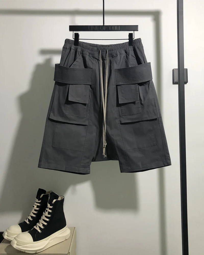 High Street Brand Rick Men Classic Double Ring Cement Grey Shorts Streetwear Owens Pants Knee Length Cargo Shorts for Men