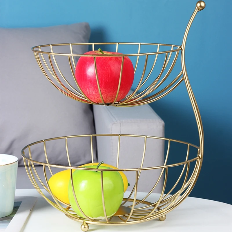 

Iron Art Basket Round Bowl Shaped Double-Layer Fruit Vegetable Basket Woven Iron Wire Hollow Desktop Storage Tray