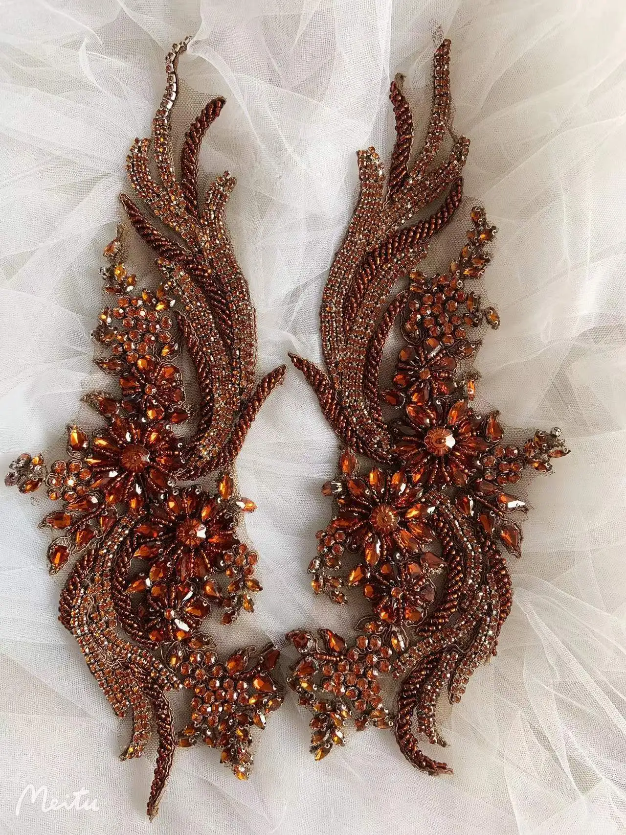1 Pair Deluxe Brown Rhinestone Crystal Patch Heavy Bead Applique for Colorful Bridal Decor Supplies,Haute Couture,Dance Costume