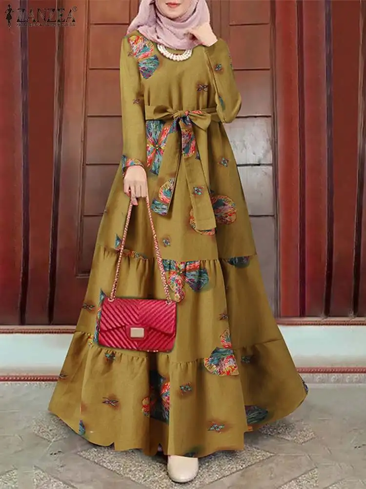 

Women Printed Sundress ZANZEA Vintage Muslim Dress Long Sleeve Turkey Abaya Hijab Vestidos Belted Female Islam Clothing Robe