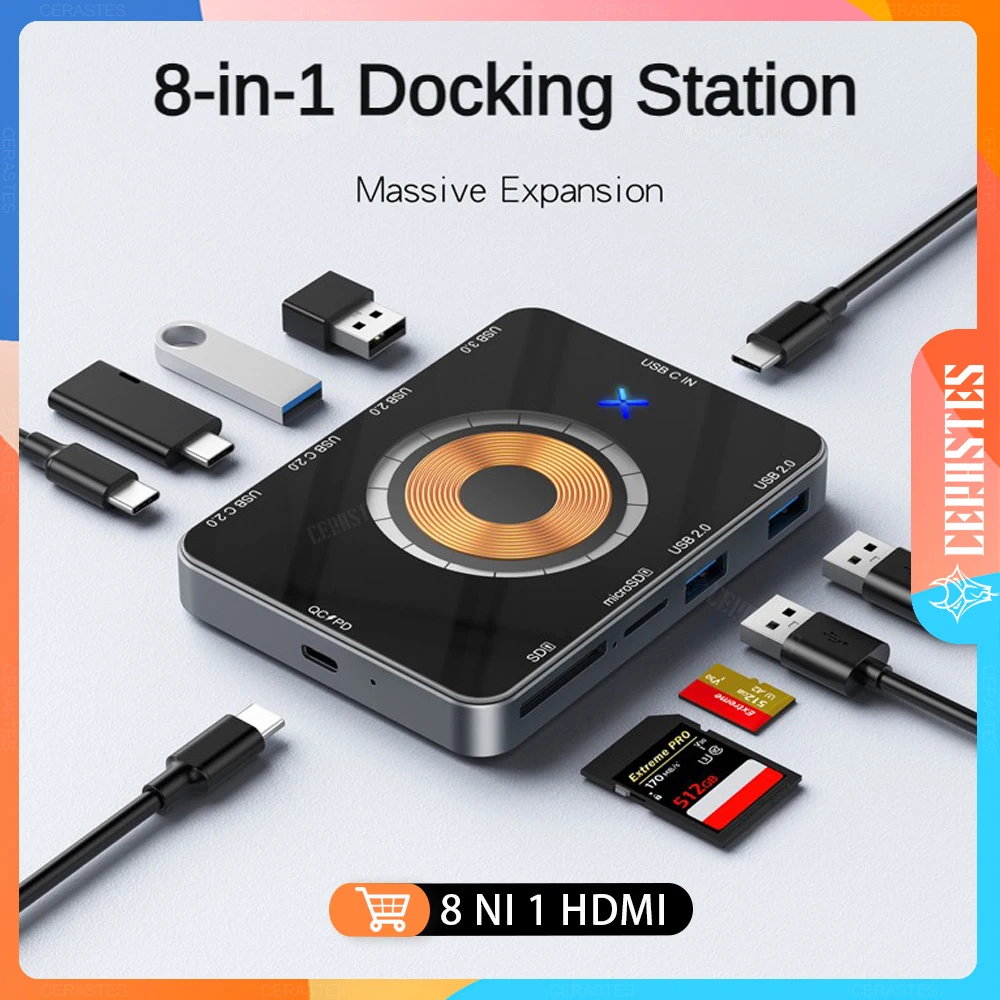 

8-in-1 USB C Hub 5Gbps Type C Docking Station 15W Wireless Fast Charging TF/SD Card Reader QC/PD Power Inlet for Phone Computer