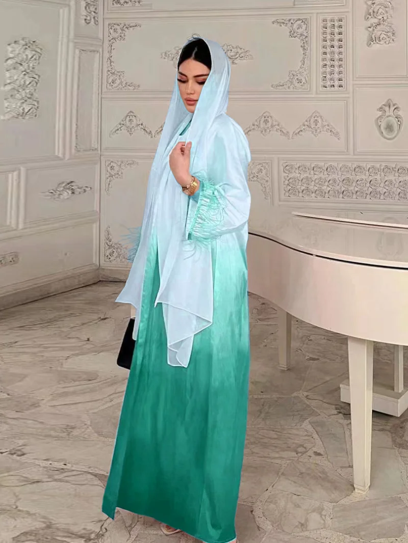 Eid Abaya Dress for Women Satin Feather 2 Piece Dresses Set Woman Party Abayas Ramadan Dubai Robe Caftan Vestidos Kaftan 2023