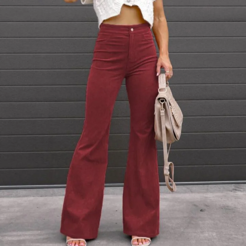 

2022 Autumn High-waisted Pants Winter Casual Flared Pants Women Corduroy Loose Solid Trousers Women Streetwear Pantalon 24279