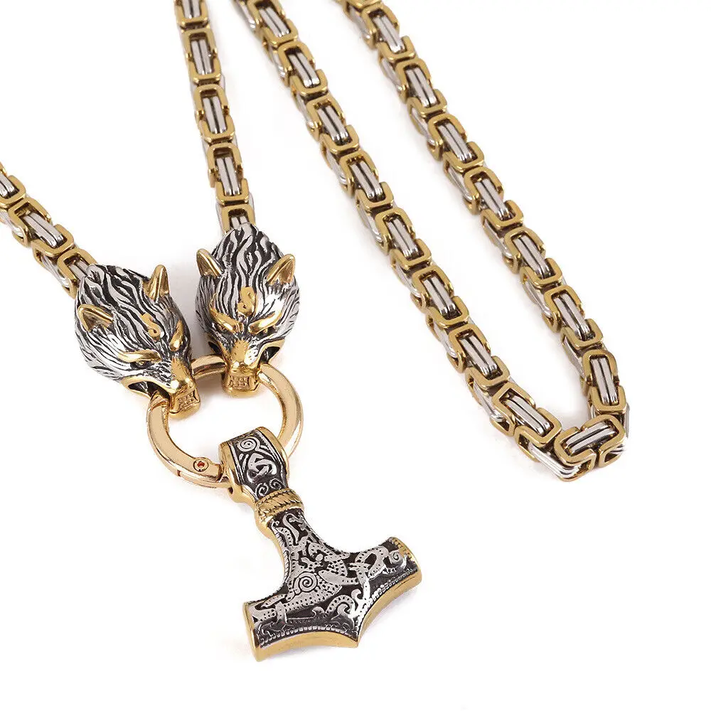 

6mm Viking Wolf Head Thor's Hammer Pendant Stainless Steel Byzantine Necklaces Chain