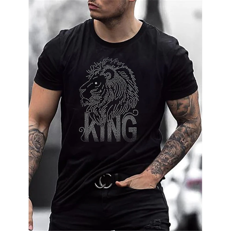 

Y2K Men's Fashion Oversized T-Shirts Lion Hot Drill Tee Tops Short Sleeve O-Neck Rhinestone Punk Men Clothing Tshirt Quality New