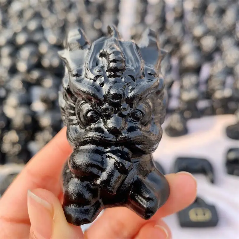 Натуральный черный обсидиан пиксиу мультяшный кристалл резьба Исцеление милое