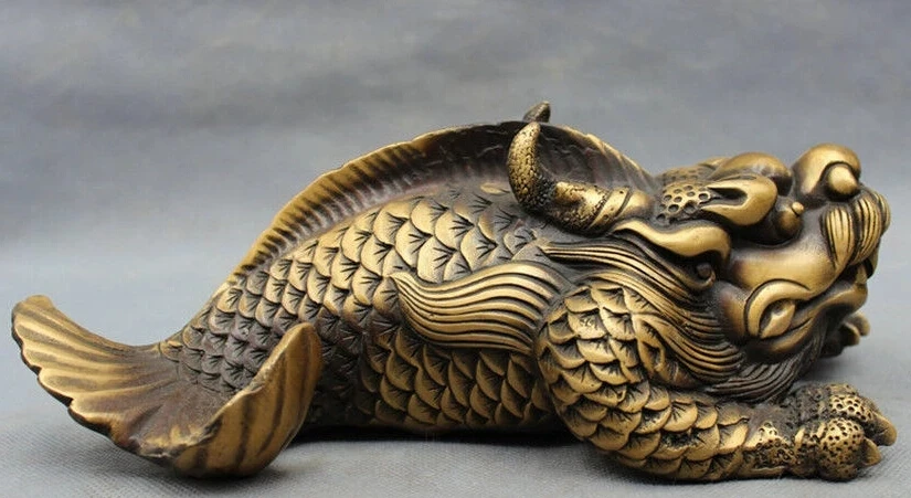 

Chinese Bronze Carved FengShui Wealth Dragon Head Fish Beast Statue Figurine