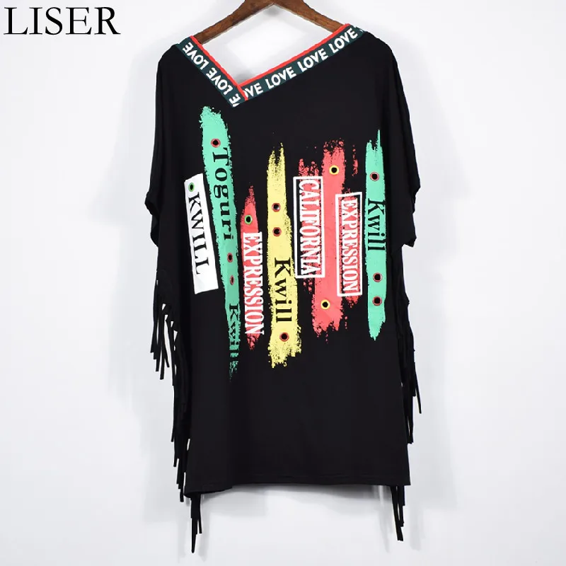 

2022 Spring New Women'S T-Shirt Loose Large Size Short-Sleeved T-Shirt Punk Style Letter Print Tassel Long T-Shirt Black 1089