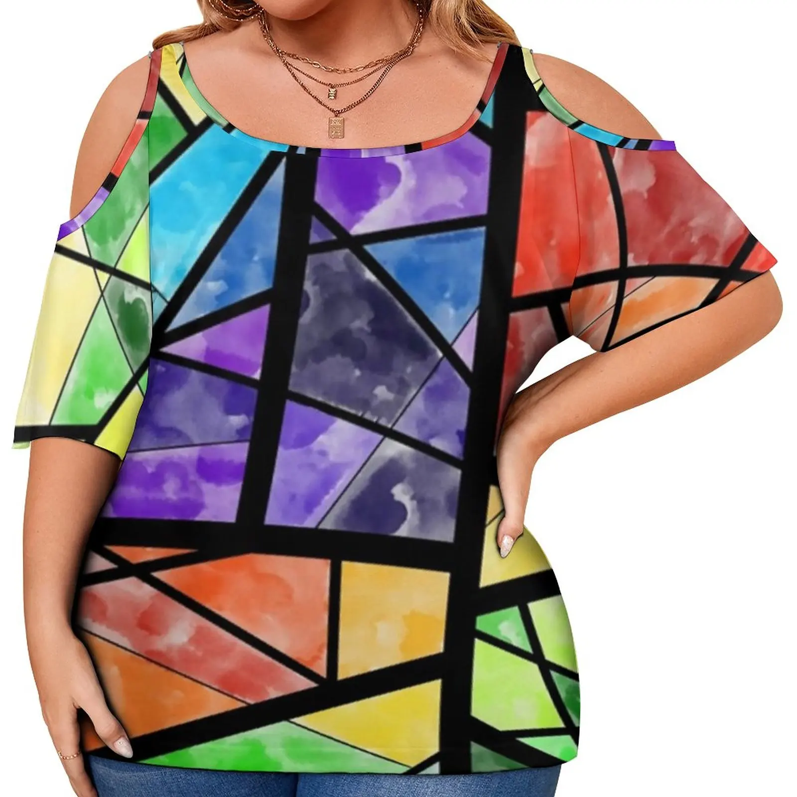 

Colorful Geometric T Shirt Stained Glass Print Aesthetic T Shirts Short Sleeve Graphic Tshirt Women Classic Tees Plus Size 4XL